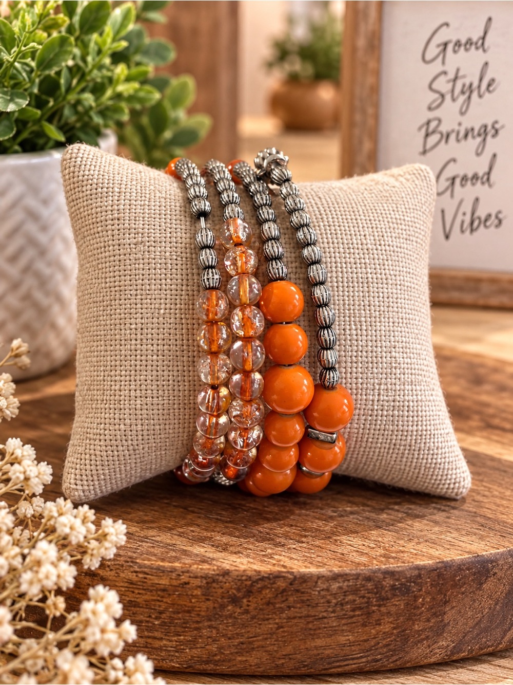 Stylish Orange Beaded Bracelet Set with Silver Accents